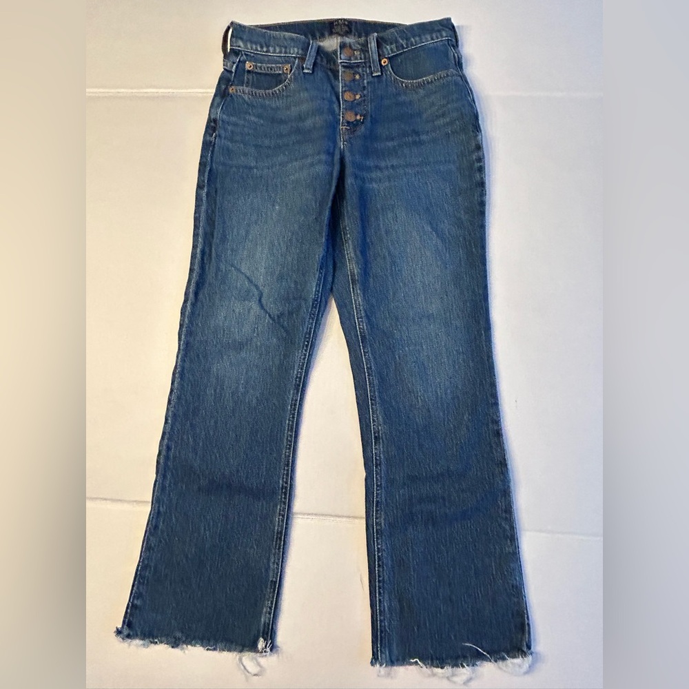 J. Crew Factory BT094 Mid Rise Flare Crop Jeans Raw Hem Button Fly Size 24